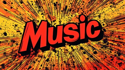word "Music" in Comic style, written in bright red with bold black outline.