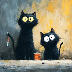 Two black cats exhibit playful yet cunning expressions. One cat stands holding a knife while the other crouches near a battery. Their mischievous poses contribute to a whimsical scene.