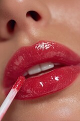 Naklejka premium Close Up of Woman Applying Shiny Red Lip Gloss 