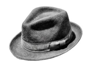 Gray fedora hat, slightly askew, detailed texture