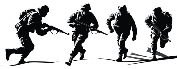 Armed Forces Silhouette Vector,  Soldier Running with Gun in Action Pose for Military Training, Combat, Security, and War-Themed Design Projects
