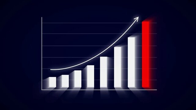 White Bar Chart with Red Final Bar and Upward Trend Line on Dark Background graph data