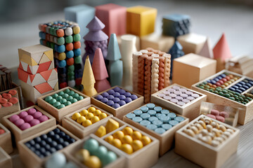 Colorful educational math manipulatives arranged on a flat surface for teaching young children basic arithmetic