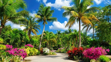 Lush Tropical Garden Pathway Surrounded by Vibrant Flowers Under a Bright Blue Sky with Palm Trees