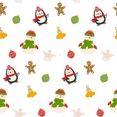 Christmas seamless pattern with angel, snowman, penguin, gingerbread men, and Christmas tree ornaments. Wintery New Year backdrop for kids, wrapping paper, fabrics, textiles. Vector illustration