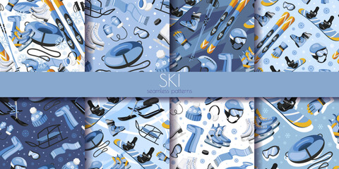 Winter sports equipment seamless pattern set in cartoon style on varied blue backgrounds. Concept of skiing, snowboarding, cold weather. Vector illustration
