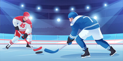 Two hockey players in red and blue uniforms compete for puck on ice rink, stylized graphic style, with stadium background, concept of sports rivalry. Vector illustration
