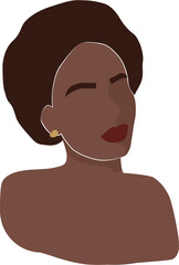 Illustration of a Woman Portrait with Dark Skin and Brown Hair with Gold Earring and Red Lips on Transparent Background