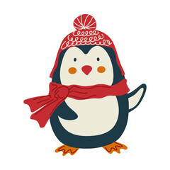 Cute penguin in red hat and scarf. Winter holiday illustration for Christmas and New Year design. Fun and festive character for card, print, or decoration. Vector illustration