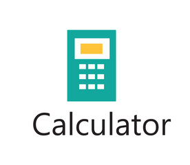 Fototapeta premium Stylized teal calculator icon with a yellow display screen and white grid buttons labeled “Calculator” below; isolated on white background for calculation and finance tasks.