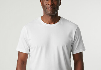 Fototapeta premium Confident Black man wearing a simple white t-shirt, smiling warmly and looking directly at the camera, perfect for lifestyle or fashion content.