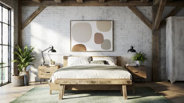 Spacious Bedroom Interior with Whitewashed Brick Wall and Abstract Art, Featuring a Comfortable Bed with Crisp White Linens,Wooden Nightstands and Sleek Black Lamps Bathed in Natural Light