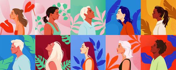 Side profile portraits of diverse individuals in colorful abstract settings with plant elements, modern flat graphic style. Vector illustration