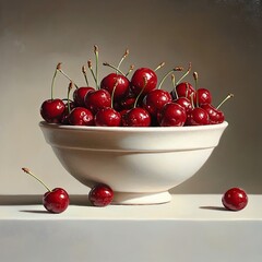 Photo of fresh cherries in a white bowl with a light background for summer