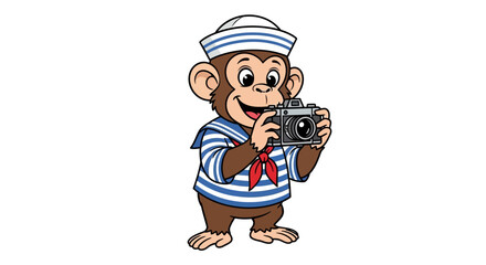Naklejka premium A cute cartoon monkey dressed as a sailor, holding a vintage camera and smiling.