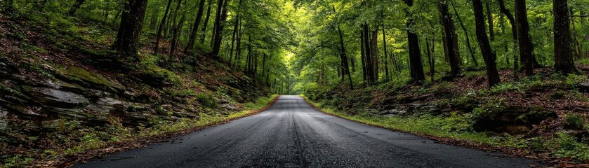 Fototapeta premium Long asphalt road symbolizing upward journey concept. Serene forest road surrounded by lush green trees and tranquility.