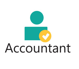 Teal user symbol with circular head and rectangular body overlaid by a yellow circle with white checkmark at lower right, “Accountant” text beneath; isolated in white background.