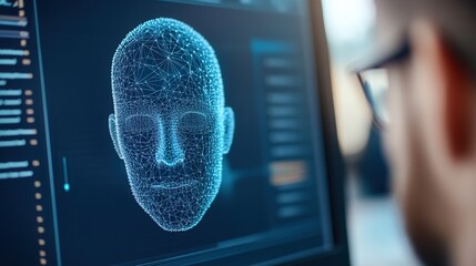 A Visual Representation of a Digital Human Face Created with Advanced Computational Methods and Rendered in a High-Tech Environment