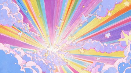 Vibrant illustration of rainbow colored rays bursting from a central point