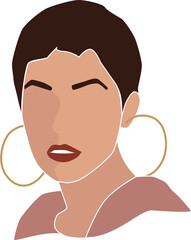 Woman's Minimalist Portrait With Short Hair And Gold Hoop Earrings On Transparent Background