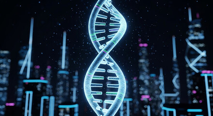 Glowing blue dna helix structure against a futuristic city skyline background