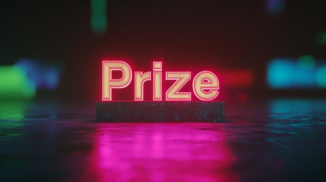 word "Prize" in Cyberpunk style, written in glowing purple and blue neon.
