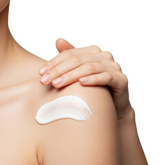 Fototapeta premium Bare woman's shoulder with luminous fair skin, elegant hand applying pristine dollop of rich white moisturizing cream on transparent background with soft bokeh, high-key lighting, product marketing