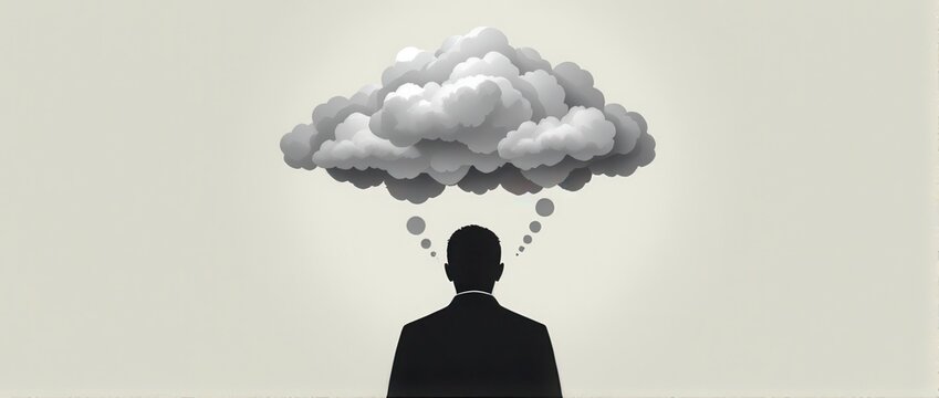 abstract shadow silhouette with paper storm cloud overhead, metaphor for overthinking, stress, surreal symbolic psychological design, minimal clean illustration, dramatic light, simple backdrop.