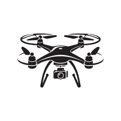 Stylized black silhouette of a quadcopter drone with curved propeller blades and a central camera on a white background