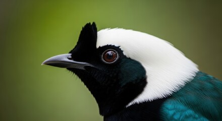 Fototapeta premium White necked bird detailed portrait against blurred green backdrop