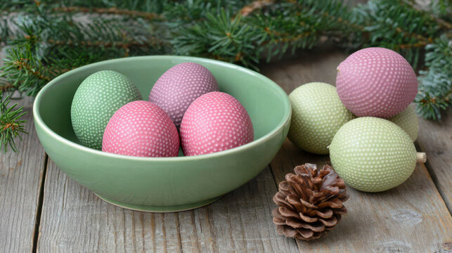 Colorful decorative eggs in a green bowl with pine cones and fir branches on a wooden table