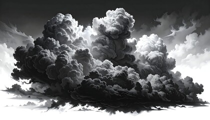 Monochromatic depiction of a massive, cumulus cloud formation, rendered with detailed shading and texture, filling most of the frame