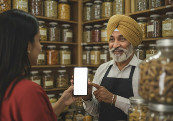 Fototapeta premium Smiling shopkeeper in traditional turban shows smartphone screen to customer in a store filled with jars of spices and herbs, promoting digital solutions.