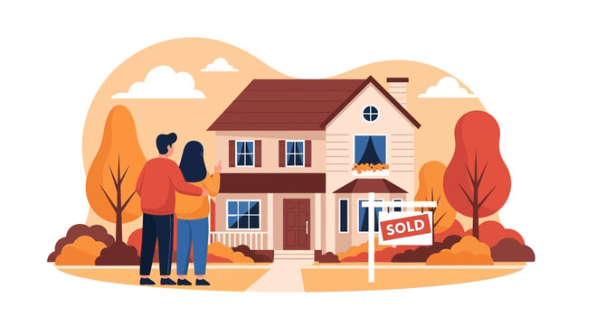 Happy Couple Buys Dream Home with Sold Sign in Autumnal Setting Illustration