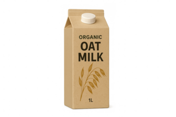 Organic oat milk carton standing on transparent background