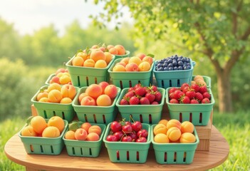 Freshly harvested fruits displayed in green baskets on a sunny day