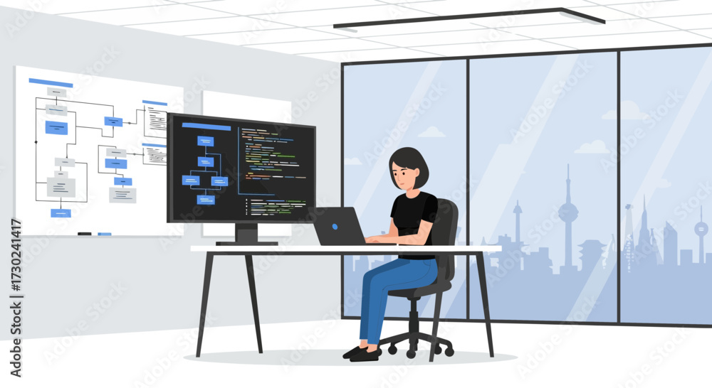 Wall mural a female developer is coding a program in her office with a cityscape view behind her