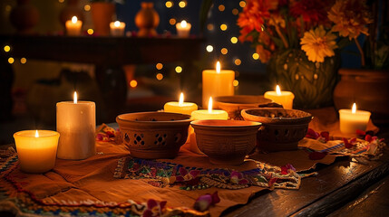 Illuminating spirit: A serene display of candlelight and ancestral offerings