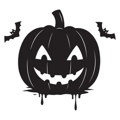 Spooky black pumpkin with glowing eyes and dripping details, surrounded by flying bats.