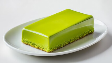 a smooth cake green on white plate