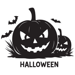 Spooky Halloween pumpkins with bats and grass, perfect for holiday decorations.