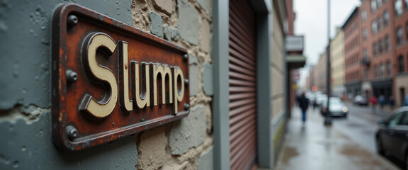 Fototapeta premium Vintage 'Slump' sign on urban street in rainy weather 