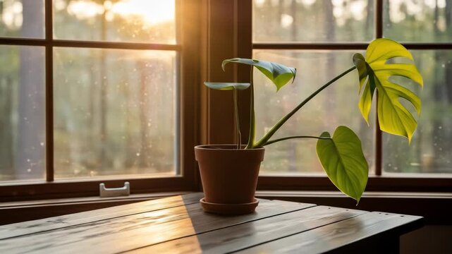 Monstera plant in terracotta pot sits on wooden table by window, sunlight, nature. Serene indoor plant by window.