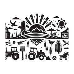 Fototapeta premium A black and white silhouette collage depicting a farm scene with a sunrise and various agricultural elements Keywords: farm, agriculture, sunrise, rural, landscape, barn, silo, tractor, windmill