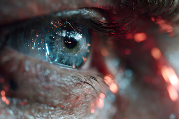close up eye of a man with futuristic digital elements overlaying it. The scene has a cyberpunk aesthetic, featuring glowing blue and red data streams, symbolizing AI and technology.