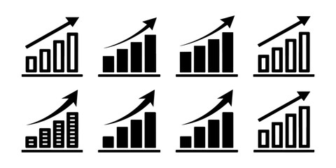 Set of Growing bar graph icon with arrow going up. Progress bar. Growing graph icon graph sign. Chart increase profit. Growth success arrow icon.