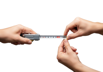 Two clean adult hands precisely measuring with a silver metallic tape, yellow and black markings, against a transparent background, professional close-up, studio lighting, concept of precision and