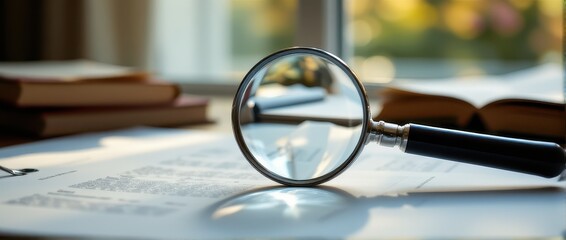 Fototapeta premium a magnifying glass leaning on documents, cinematic soft daylight, professional macro clarity, minimal design, elegant natural tones, calm atmosphere, editorial style photography