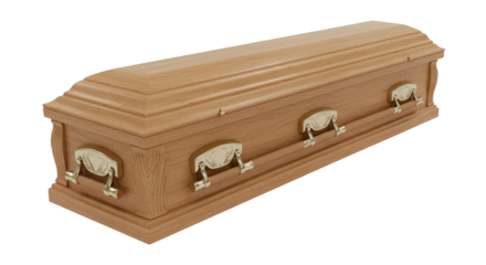 Wooden coffin with gold handles isolated on white background