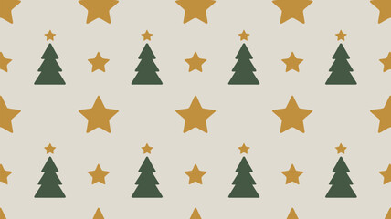 A christmas themed pattern featuring christmas trees and stars on a light colored background surface area